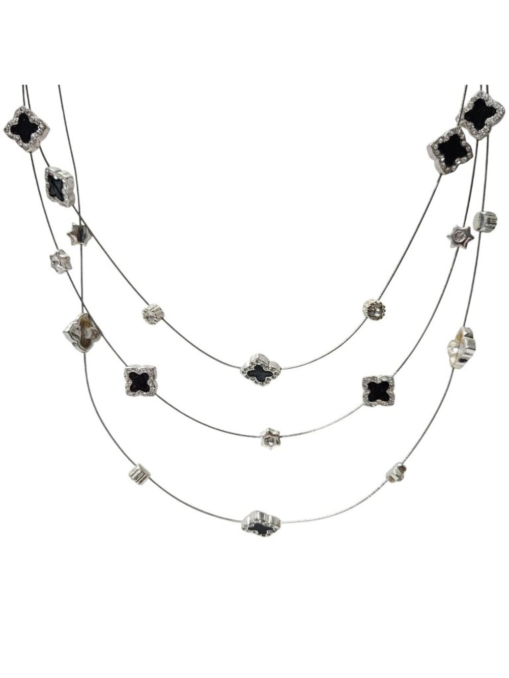 Vintage Illusion Necklace Black Quatrefoil Rhinestone Multi Strand Y2K Glam